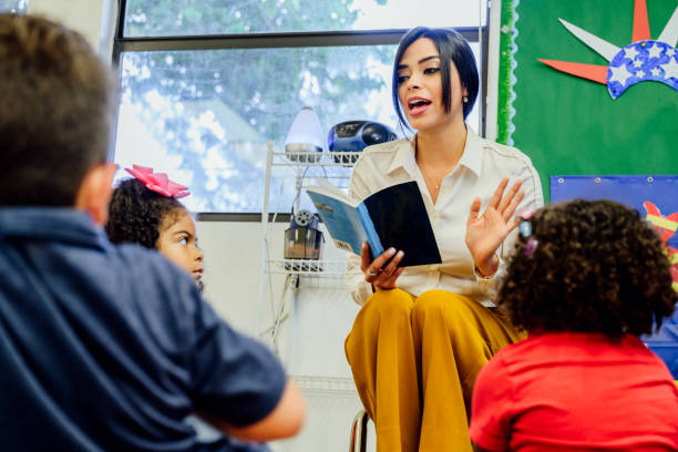 Hispanic catechist reading book to class